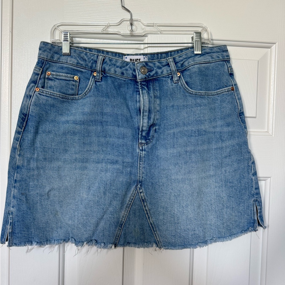 Paige Light Blue Denim Mini Skirt with Frayed Hem